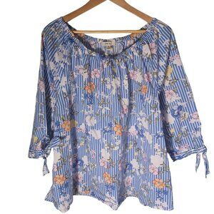 Como Blu Cottagecore Top Womens Plus 3X Floral Blue Striped Boho Peasant Feminin
